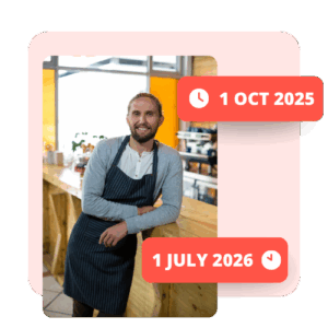 Small business owner working and Key dates of the SBSCH float, 1 OCT 2025, 1 JULY 2026