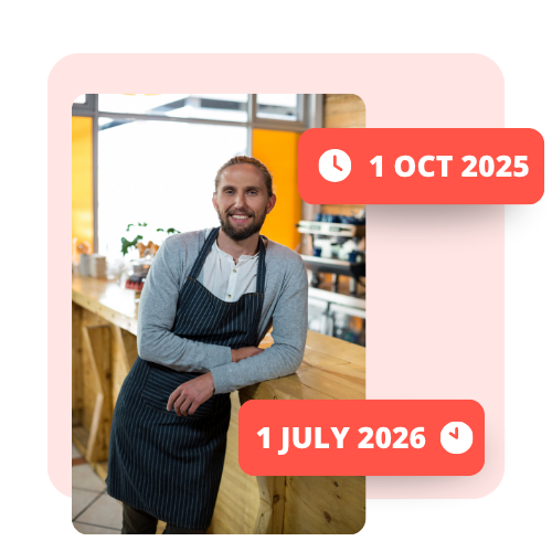 SBSCH Half Half 3 Key Dates Small business owner working and Key dates of the SBSCH float, 1 OCT 2025, 1 JULY 2026