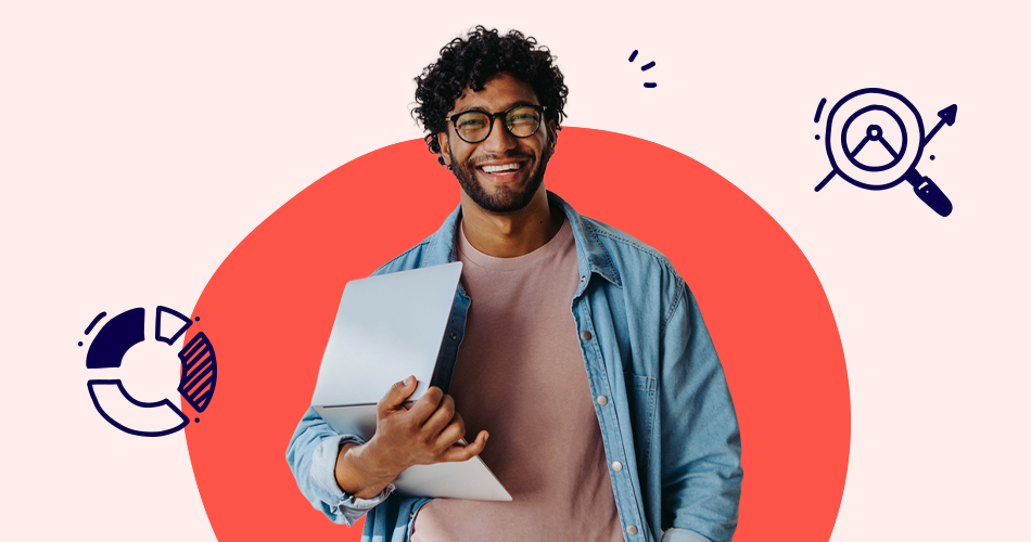 bloke with a computer, smiling