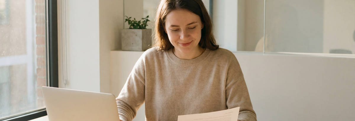 woman looking at invoice and computer