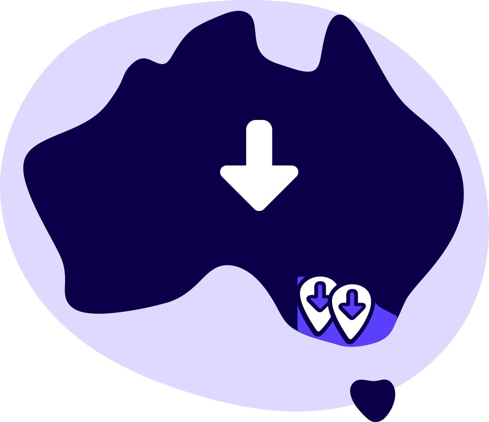 Australian map showing Geelong and Warrnambool with down arrows