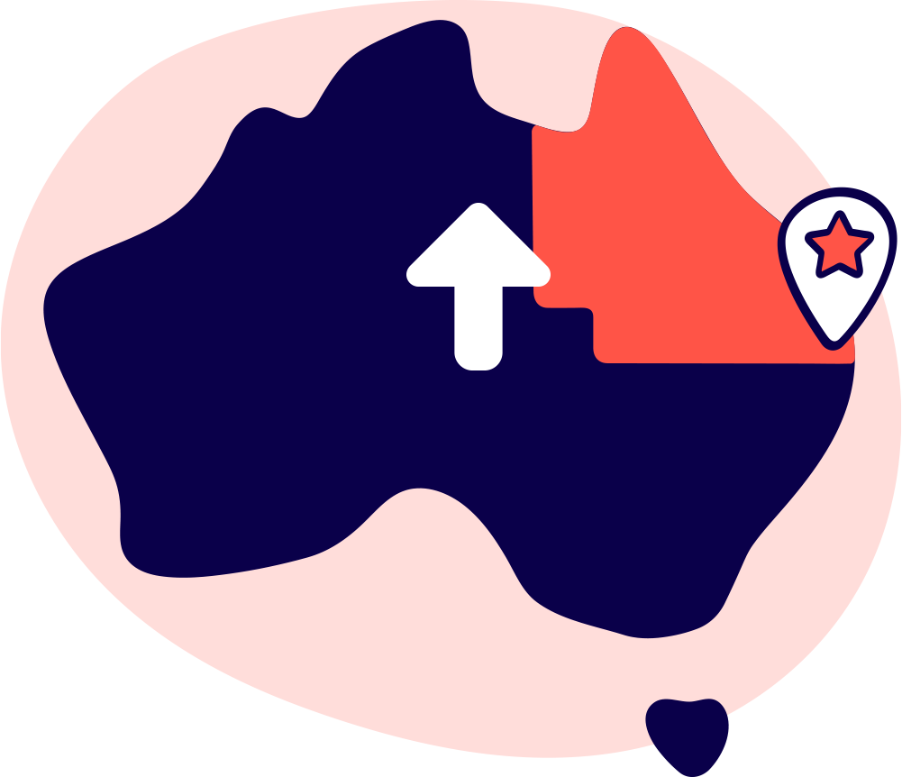 Australian map with a an up arrrow and highlighting Brisbane