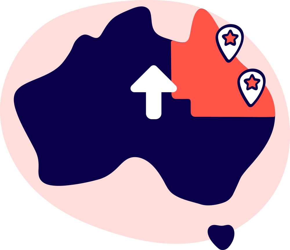 Australian map with an up arrow and highlighting regional towns