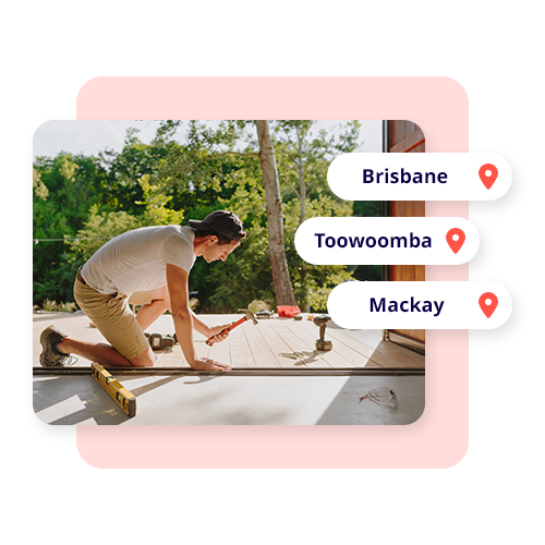 Person working constructions and three icons of Brisbane, Toowoomba, and Mackay 