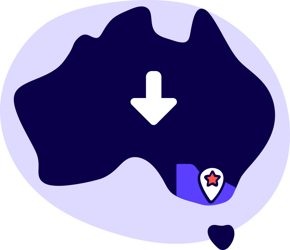 Australian map with Melbourne highlighted and a down arrow