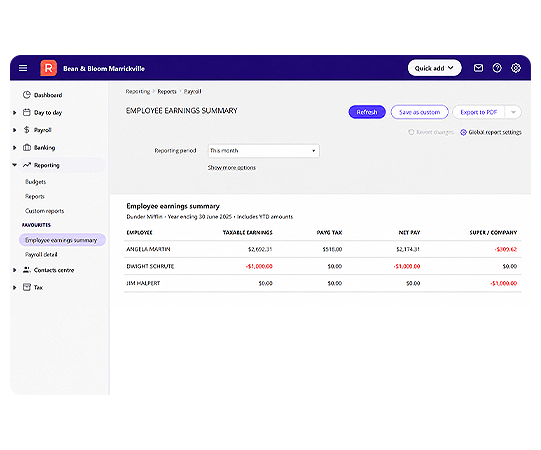 Payroll Reporting Who knew your cashflow could look so good. In real-time too! Gain immediate clarity over your net business. Take control by keeping track of receipts, payments and GST. Watch your net position change real-time.