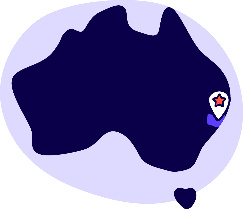Australian map with Melbourne highlighted and a down arrow
